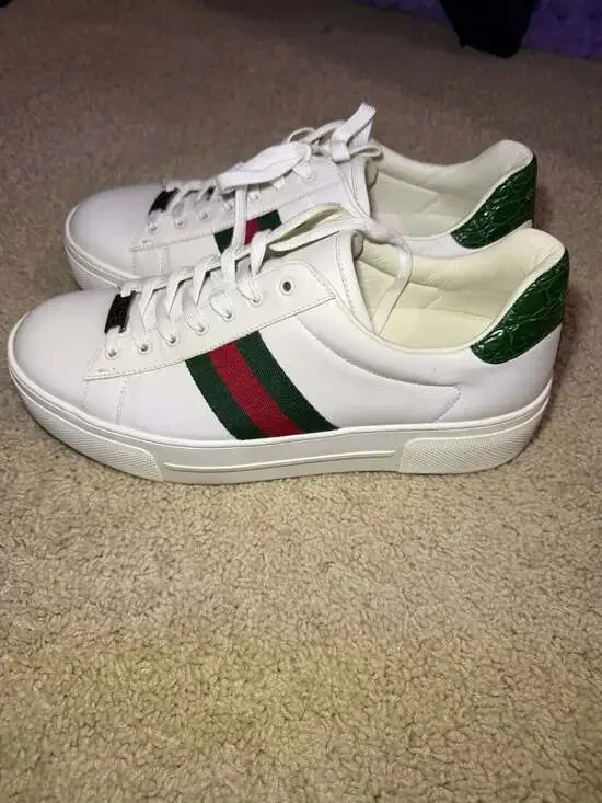 Gucci Women's Ace Platform Sneakers with Web Stripe and Green Croc Trim size 40 - Picture 4 of 8